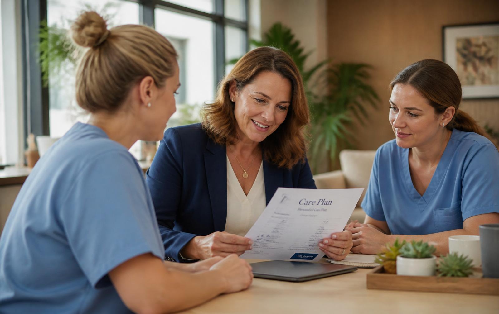 Z Home Care leadership reviewing a personalized care plan with caregivers