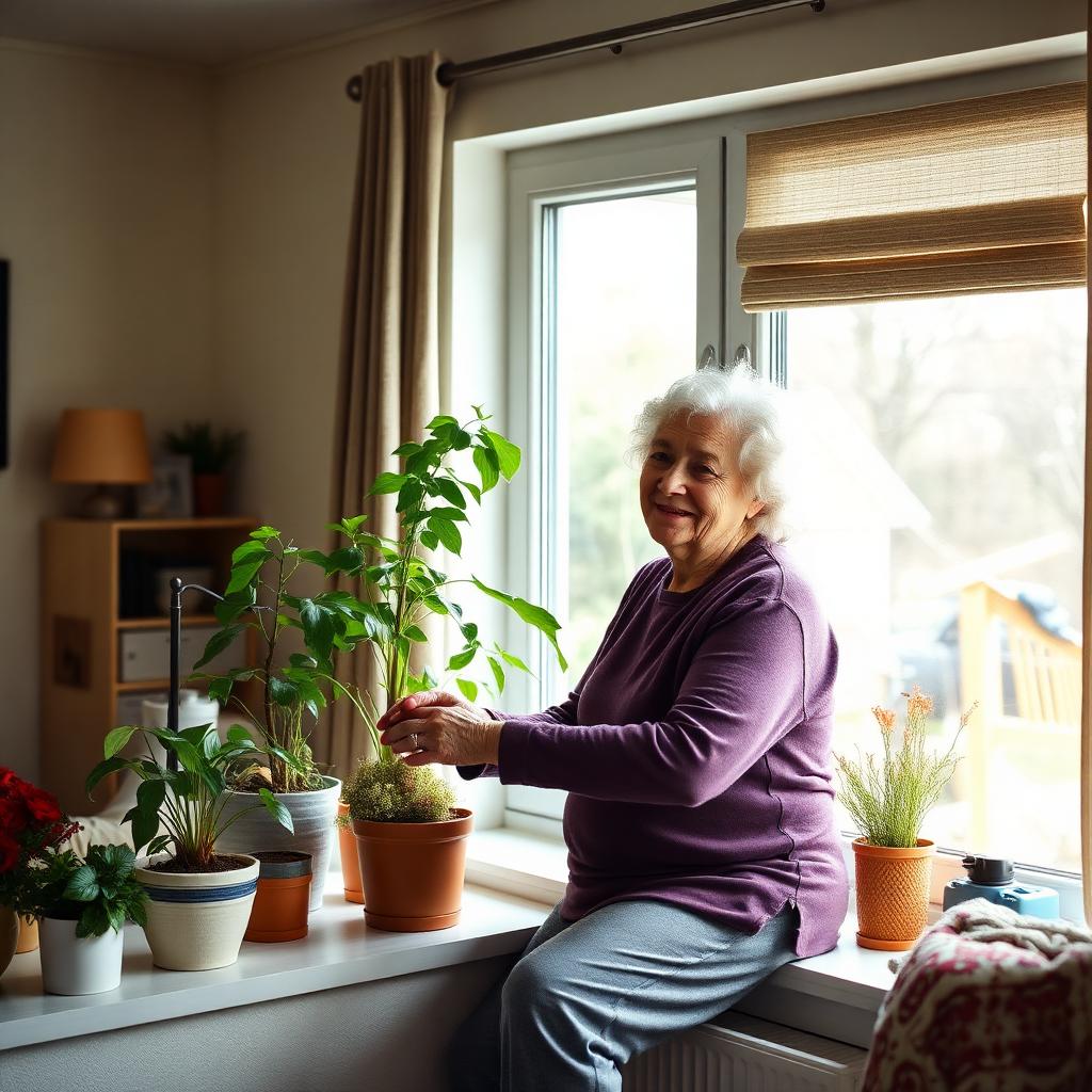 Elderly woman happily tending potted plants on her sunlit windowsill at home in Newfoundland.