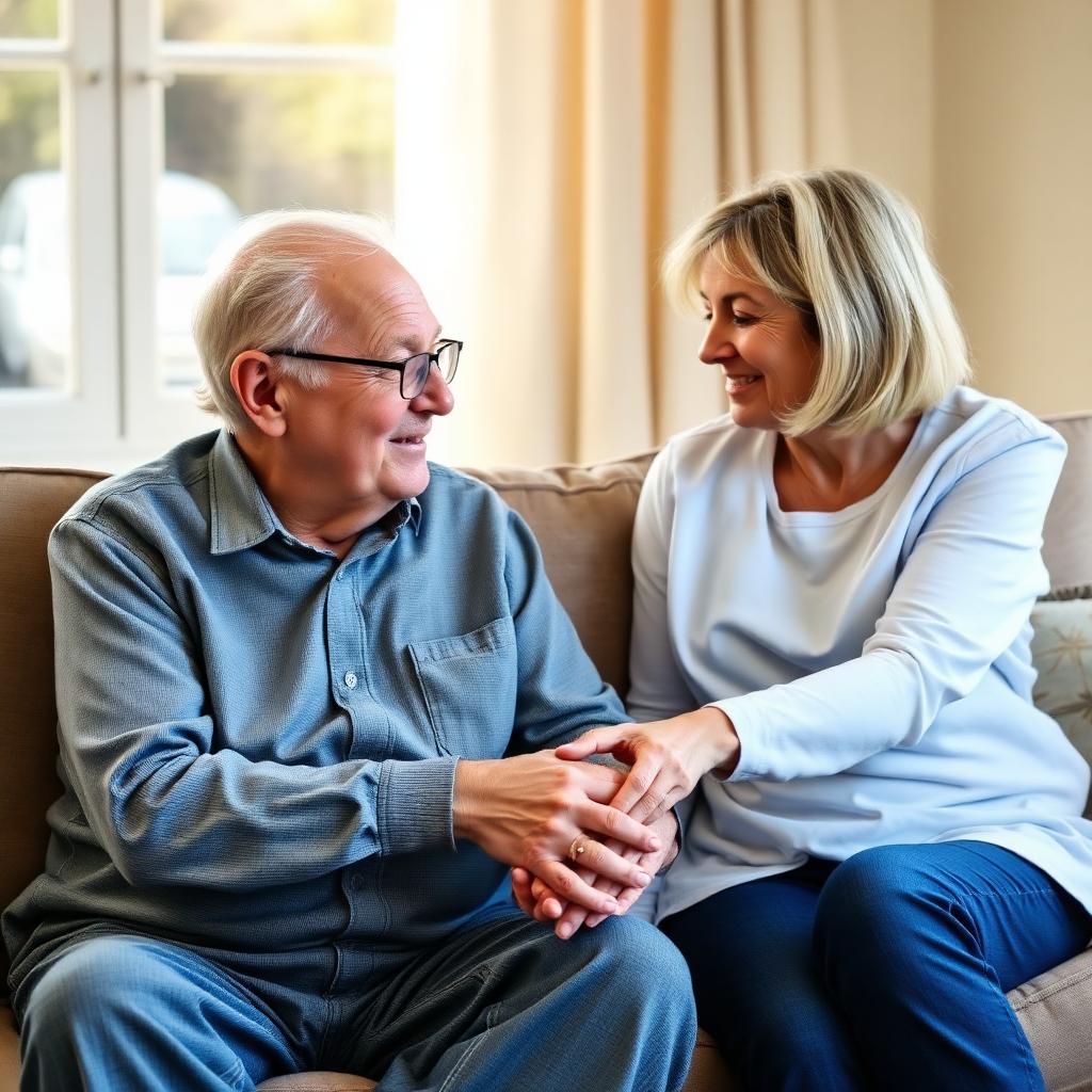 Kind caregiver gently holding the hand of an elderly man with Alzheimer's in a sunlit living room.