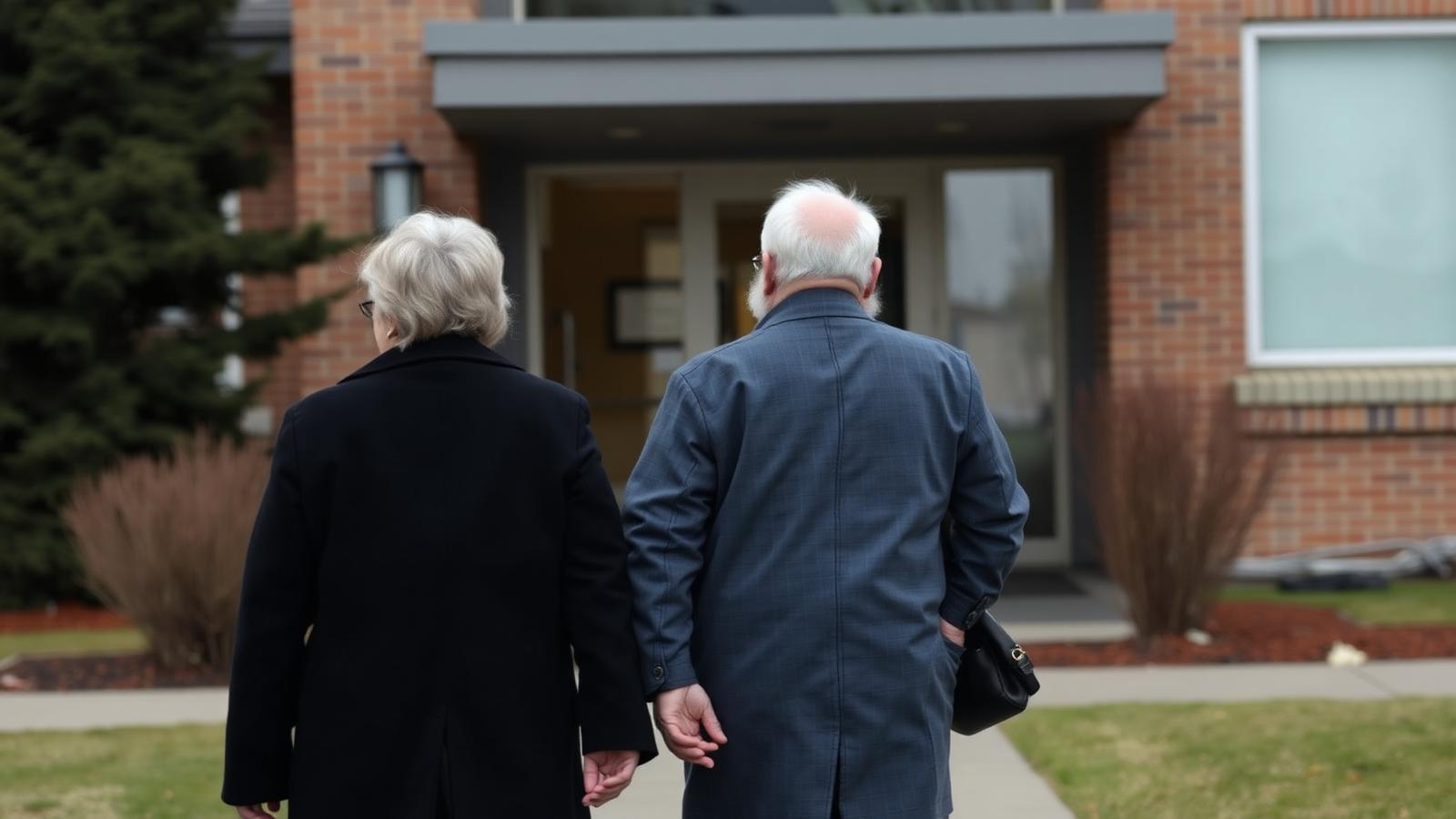 A caregiver walking beside an older man through a hospital corridor in St. John's on the way to an appointment.
