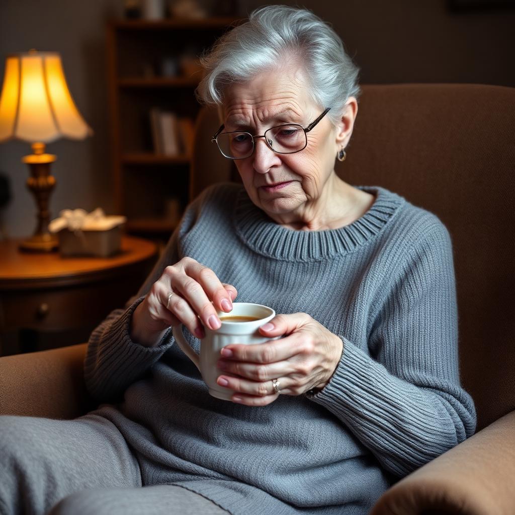 Elderly woman warming her hands on a mug of tea while knitting in a cozy Newfoundland living room.