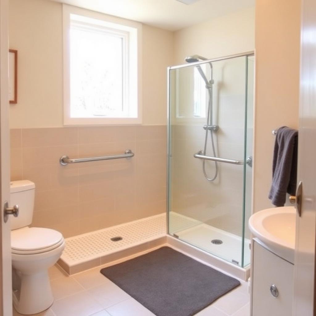 Modern accessible bathroom with grab bars and a walk-in shower in a Newfoundland home.
