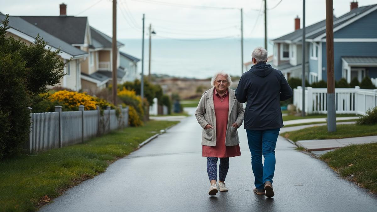 An older woman walking with a caregiver along a quiet residential street overlooking the water in Conception Bay South.