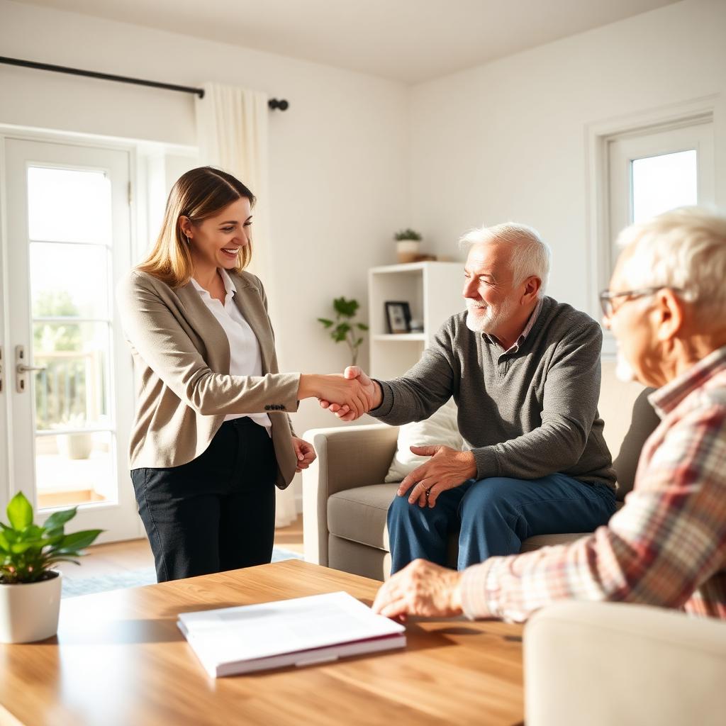 Professional care coordinator meeting with an adult son and elderly father in a sunlit living room in St. John's.