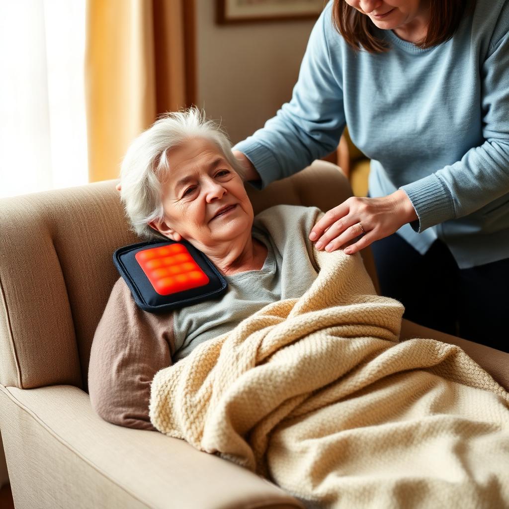 Senior woman resting comfortably with a heat pack while a caregiver adjusts a blanket.
