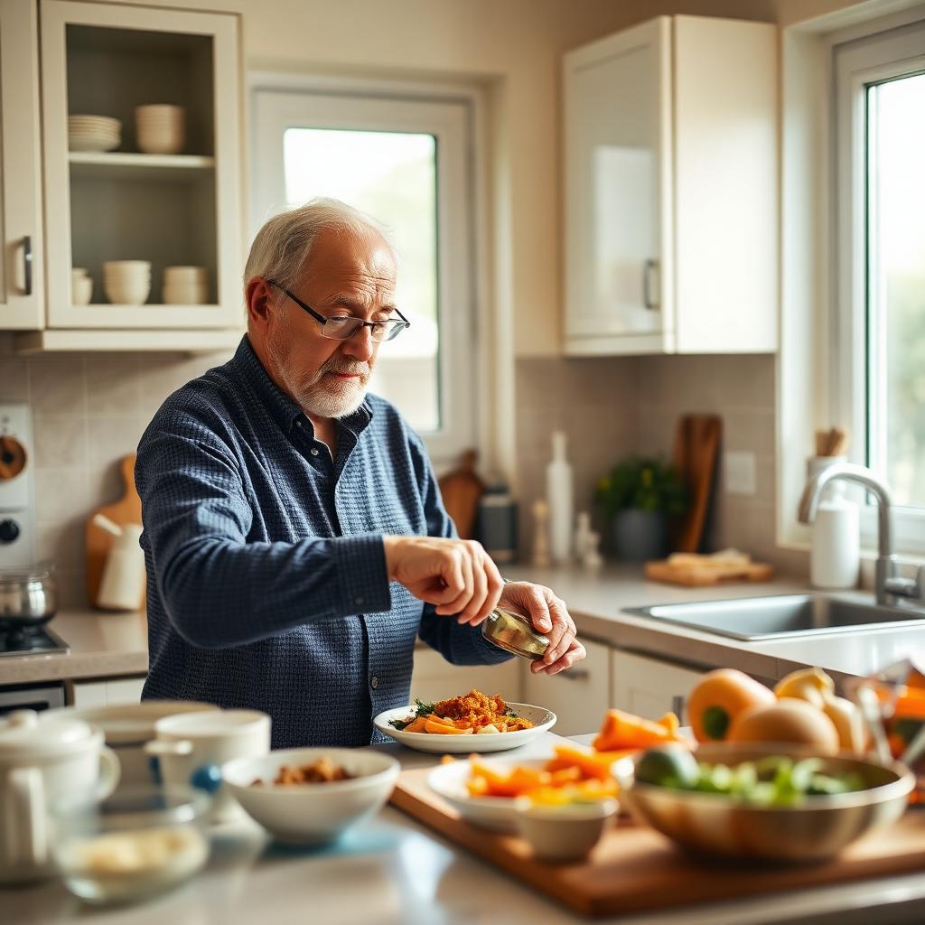 Elderly man preparing a simple healthy meal in his bright home kitchen in Newfoundland.