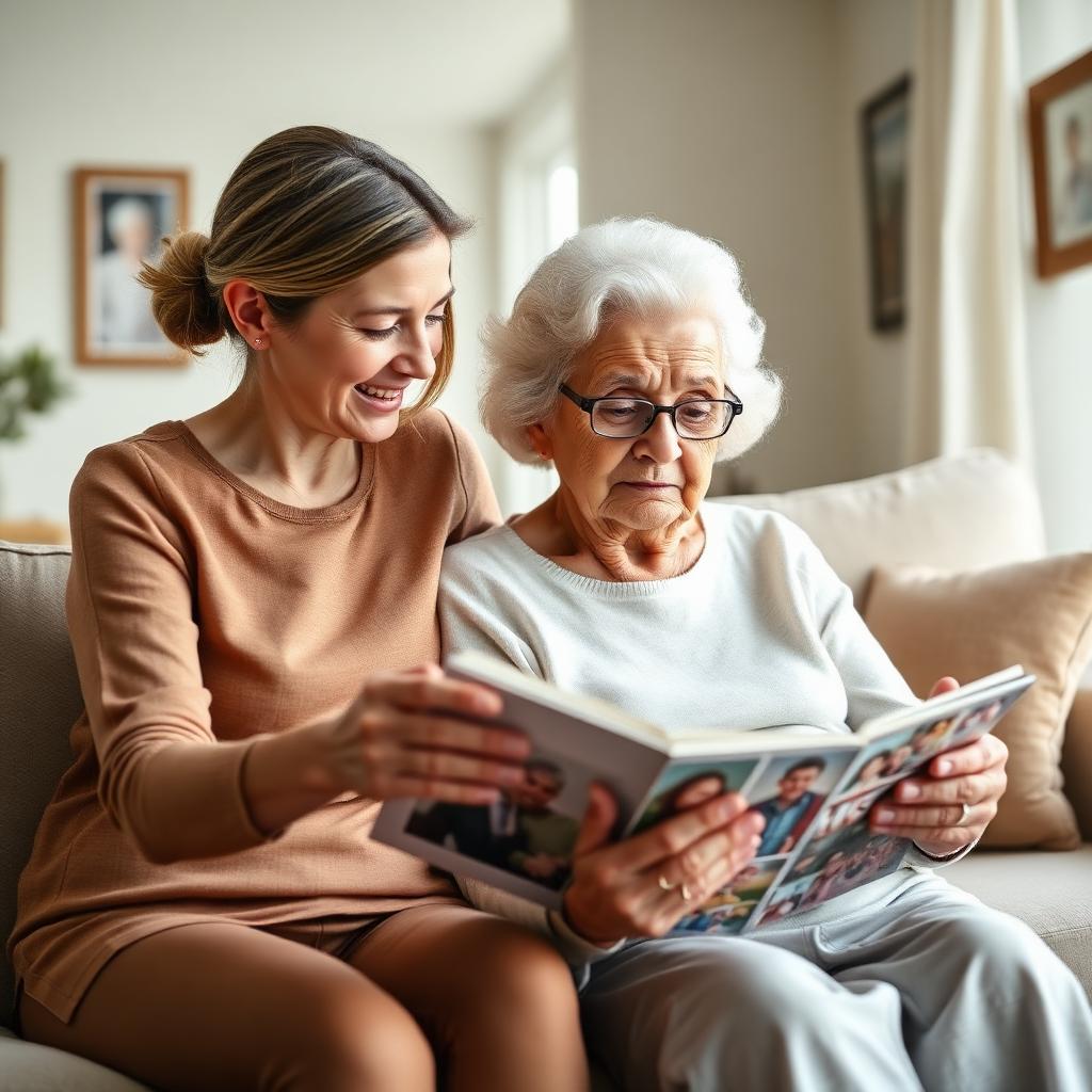 Gentle caregiver looking at a family photo album with an elderly woman with dementia in a sunlit living room.
