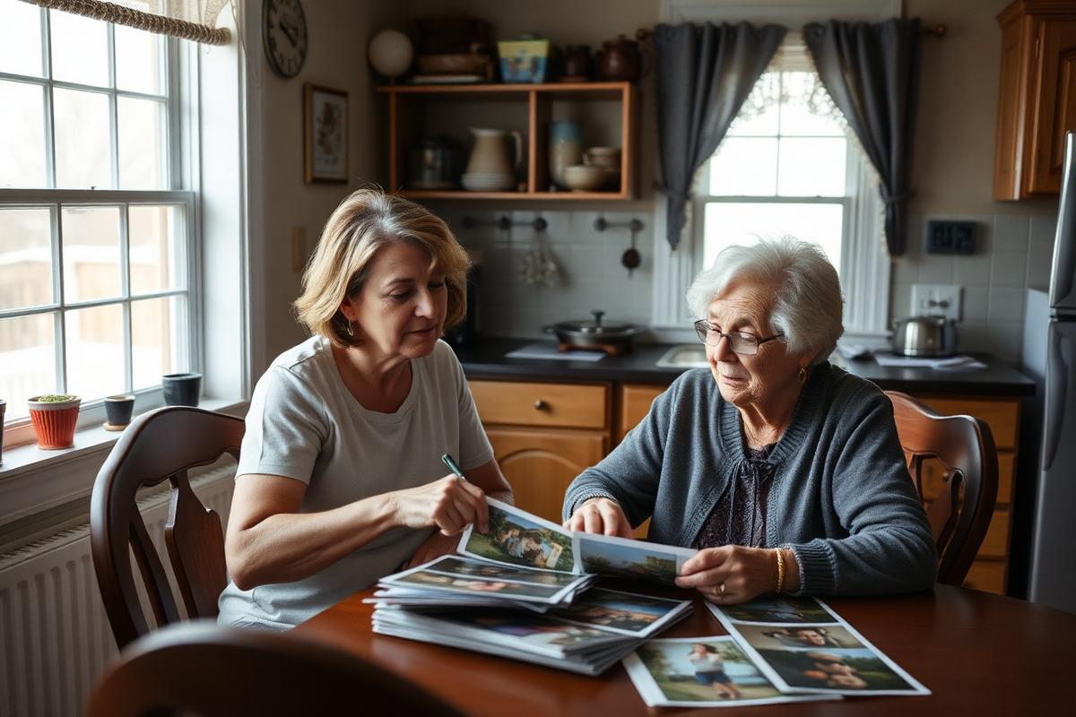 A caregiver and an older woman sorting family photographs together at a kitchen table in a St. John's home.