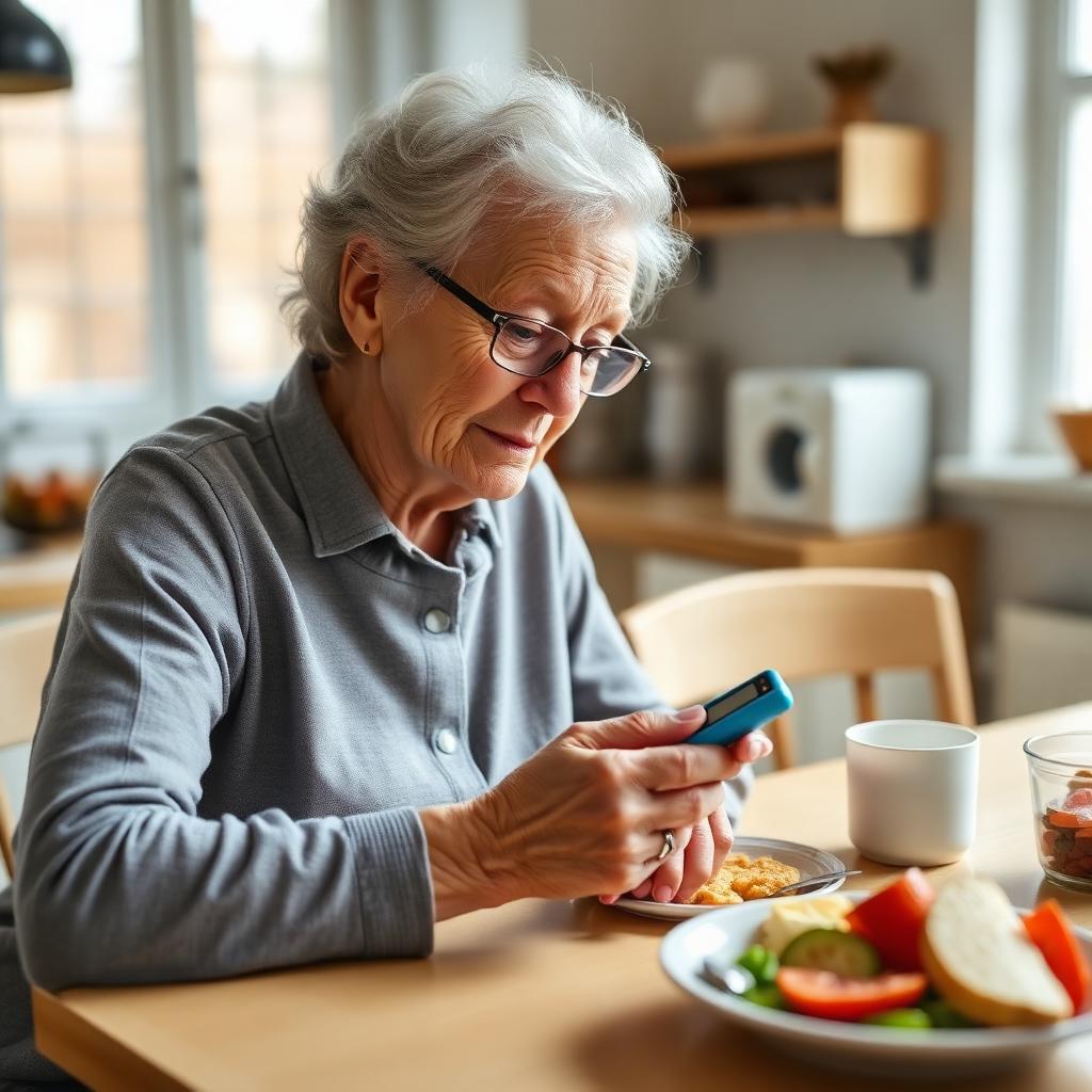 Elderly Canadian woman checking her blood sugar at a bright kitchen table with a healthy breakfast.