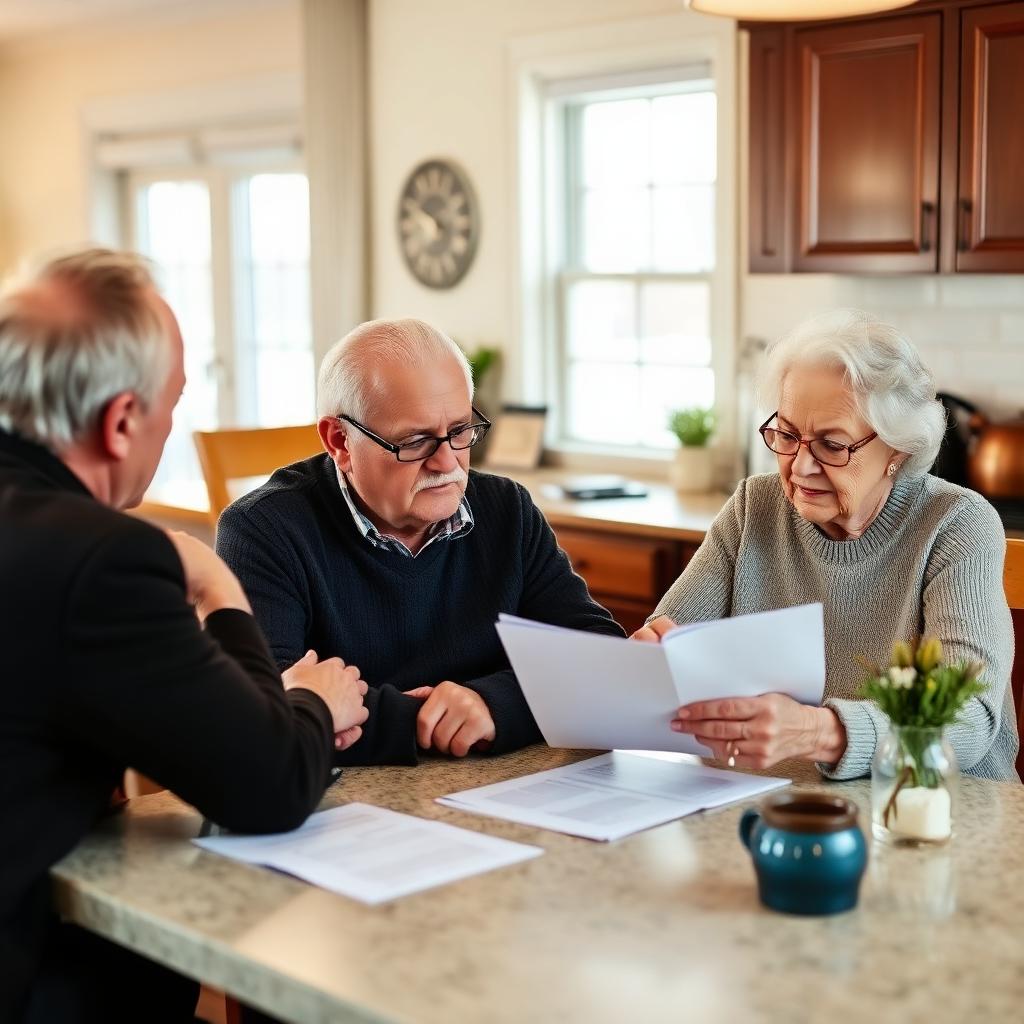 Elderly couple reviewing important documents with an advisor at a kitchen table in Newfoundland.