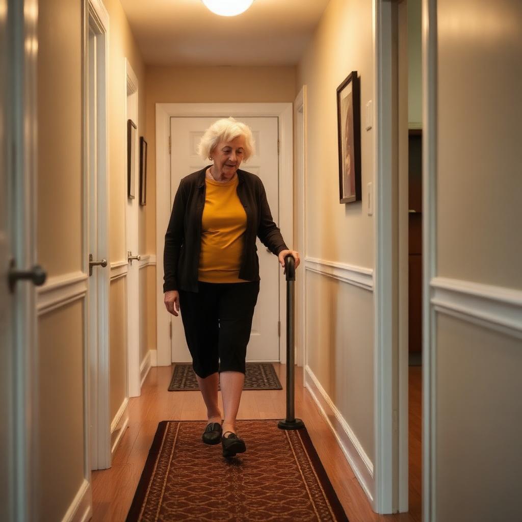 Senior woman walking safely along a well-lit hallway using a handrail in a Canadian home.