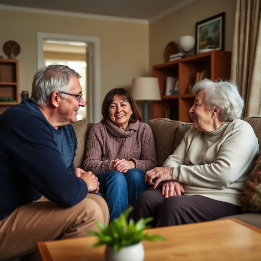 Adult son and daughter having a caring conversation with elderly mother in a Newfoundland living room.
