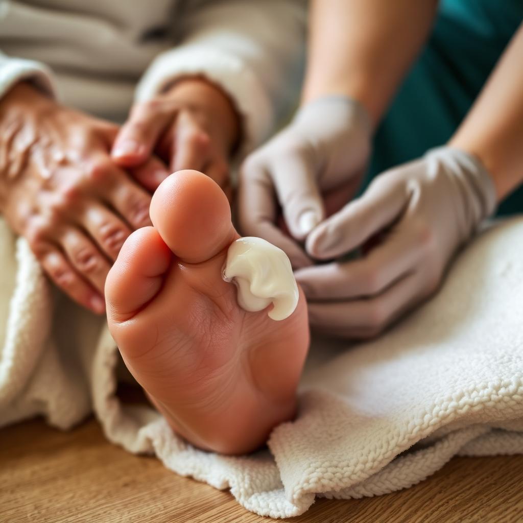Gentle senior foot care in a home setting, with clean towels and lotion.