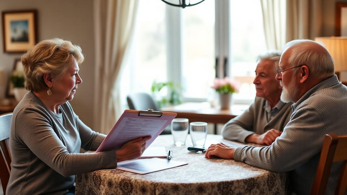 A care coordinator with a clipboard sitting at a dining table with an older couple during a home care assessment.