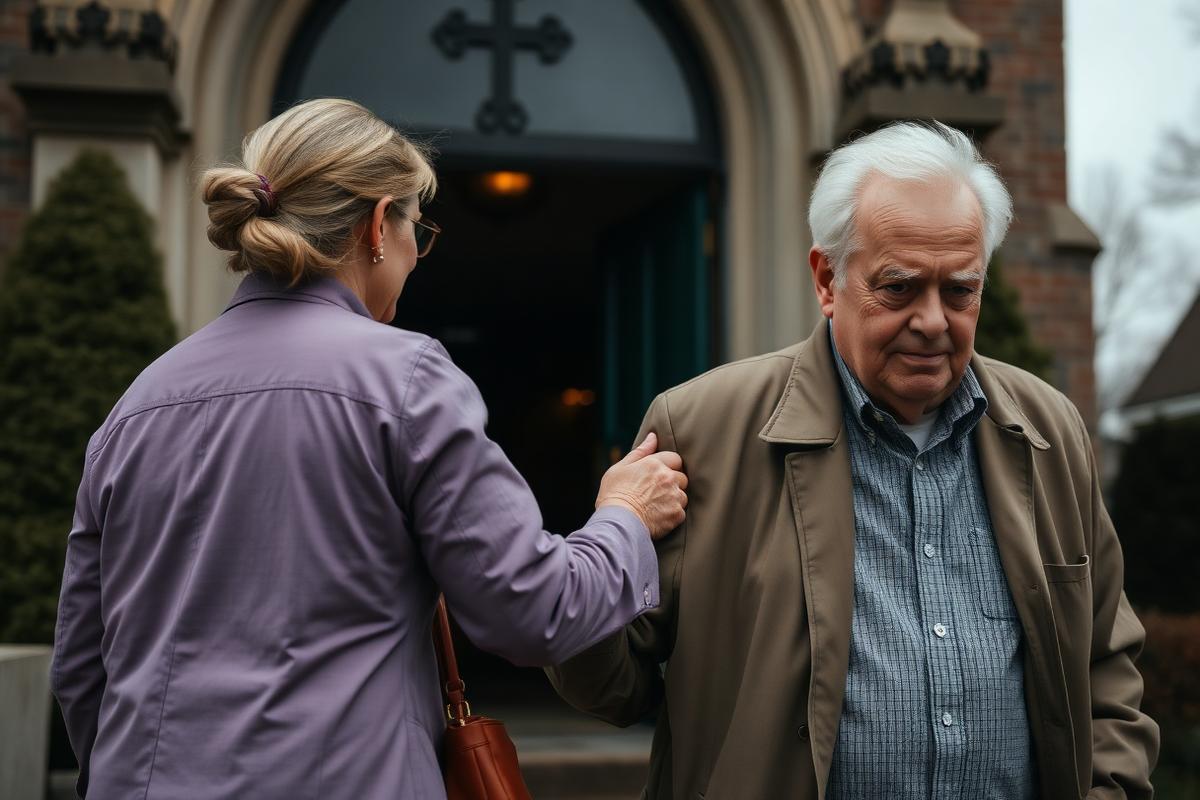 A caregiver gently supporting an older man's arm as they walk toward a church entrance on an overcast day.
