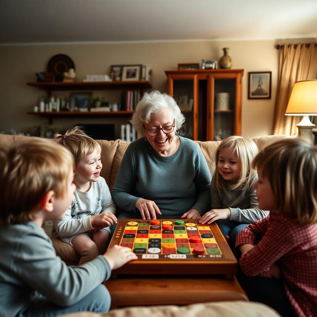 Grandmother laughing with young grandchildren over a board game in her Newfoundland living room.