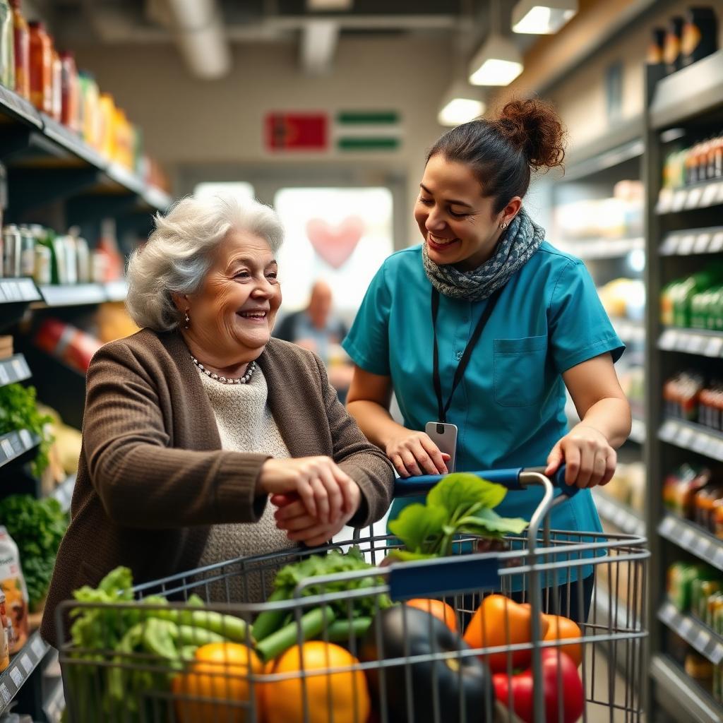 Caregiver helping an elderly woman with grocery shopping at a Newfoundland supermarket.