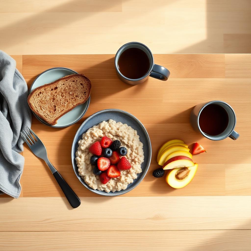 Healthy senior breakfast with oatmeal, berries, whole grain toast and tea on a wooden Canadian kitchen table.