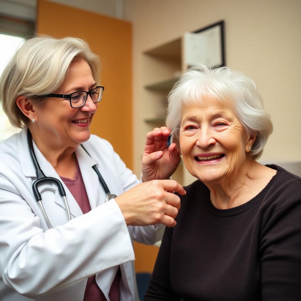 Senior woman being fitted with a hearing aid by an audiologist.