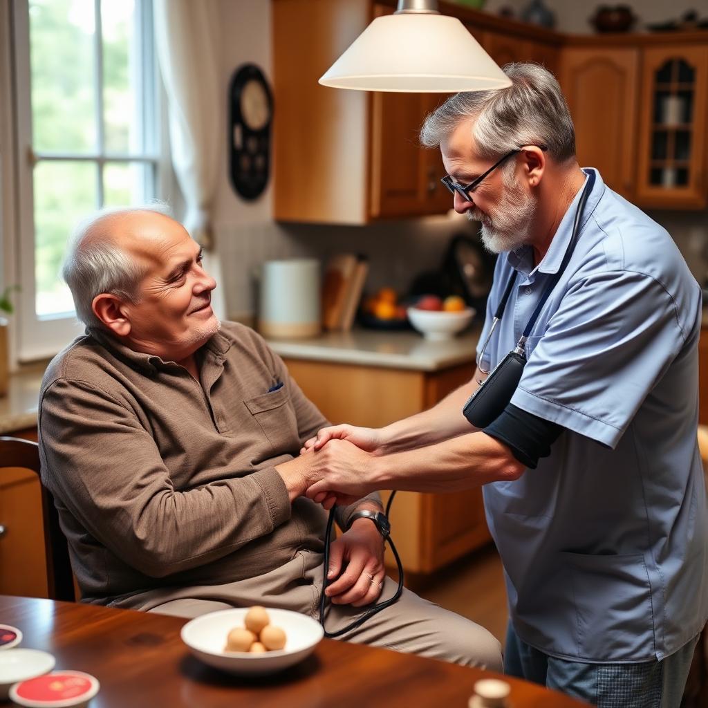 Senior man having his blood pressure checked by a friendly caregiver at a kitchen table.
