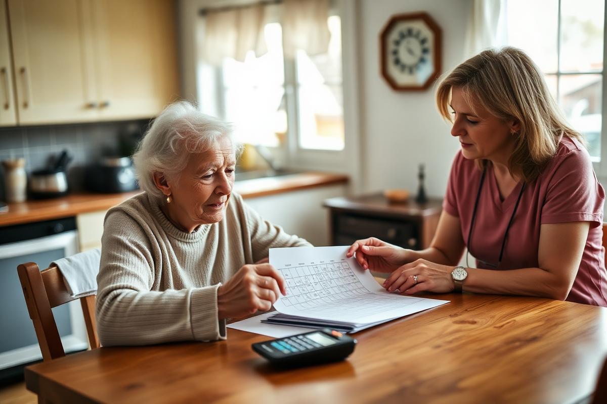 An older woman and a care coordinator reviewing a weekly care schedule at a kitchen table in a St. John's home.