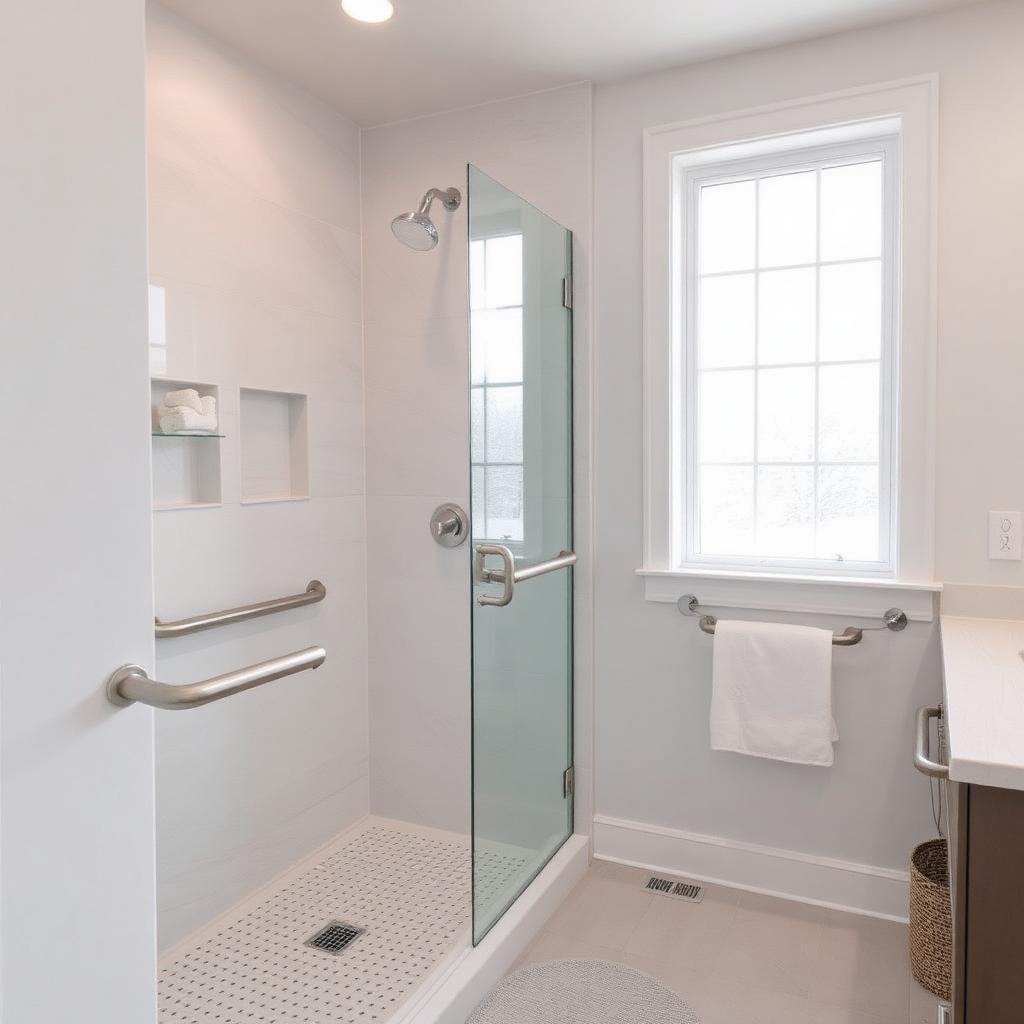 Modern accessible bathroom with grab bars, walk-in shower, and non-slip flooring for senior home safety.