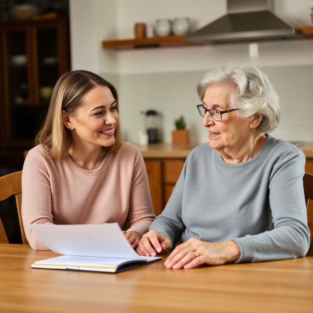 Adult daughter and elderly mother discussing care options together at a kitchen table.