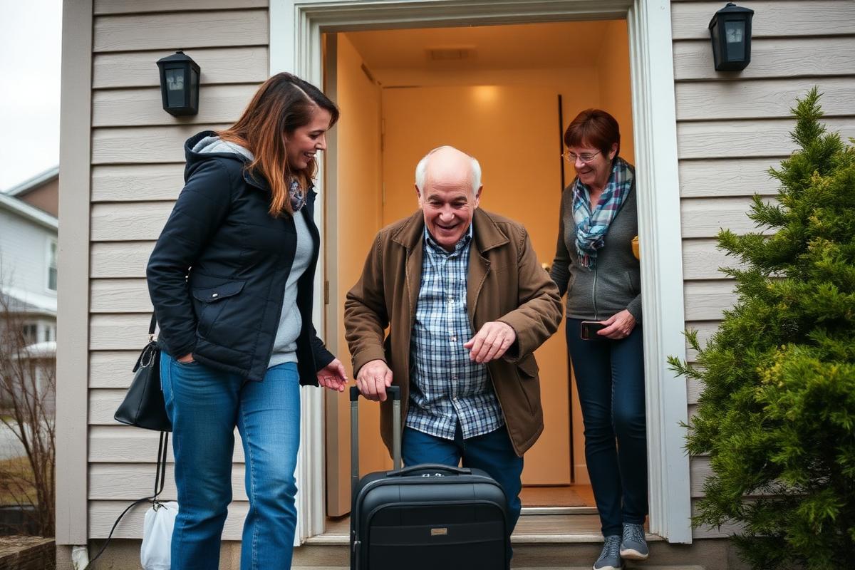 An older man arriving home from hospital, helped through the front door by his daughter and a caregiver.