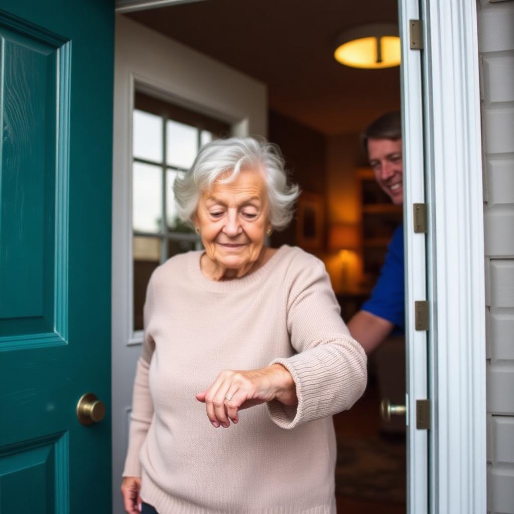 Elderly woman being helped through her front door after hospital discharge in Newfoundland.