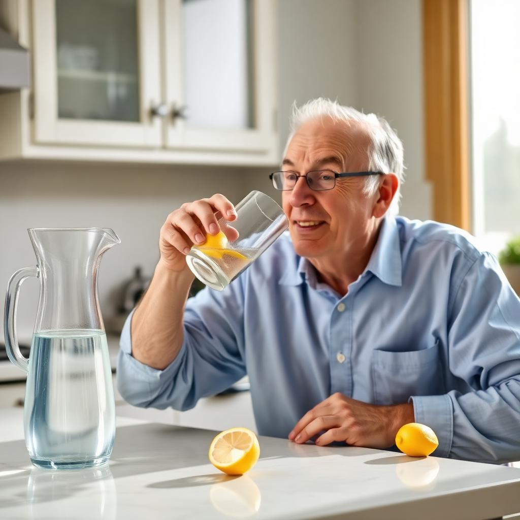 Elderly Canadian gentleman drinking water at a sunny kitchen counter with a pitcher of lemon water.