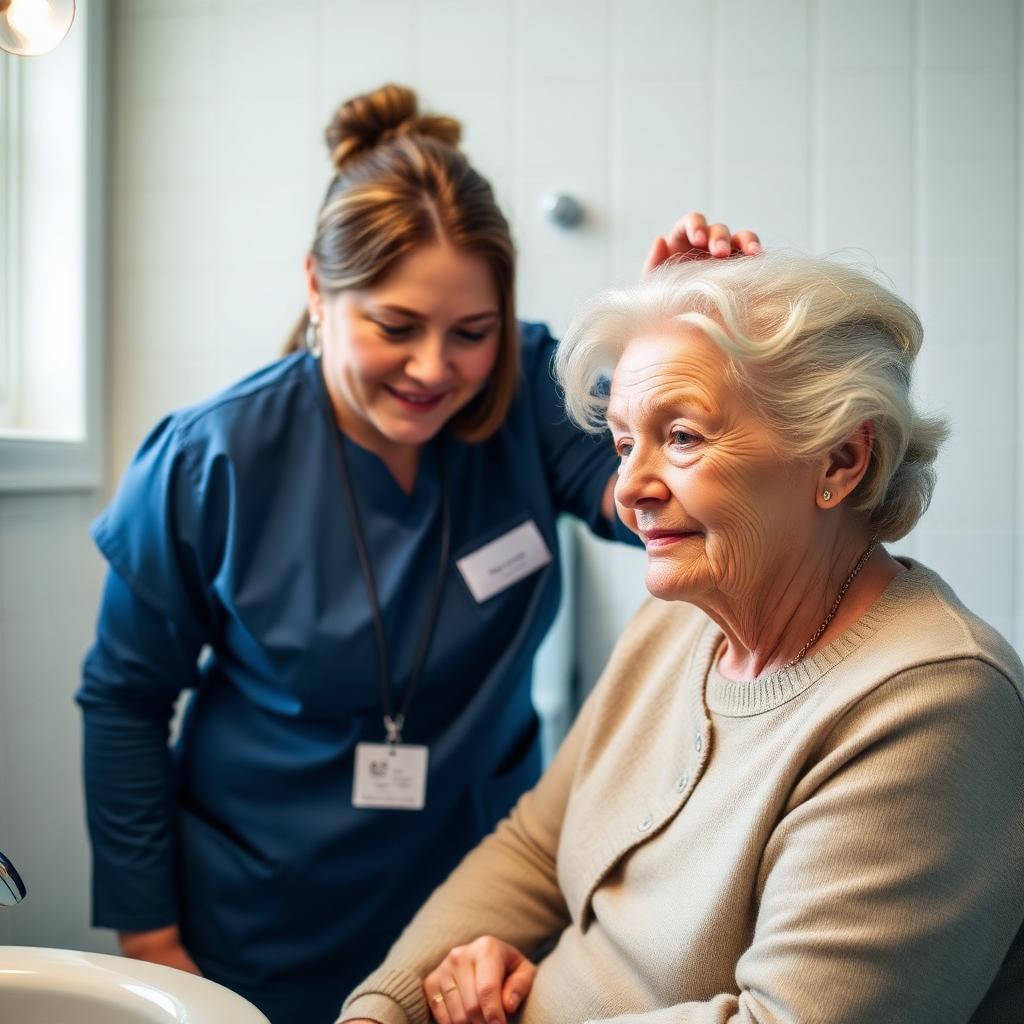 Professional caregiver gently helping an elderly woman with her hair in a Newfoundland bathroom.