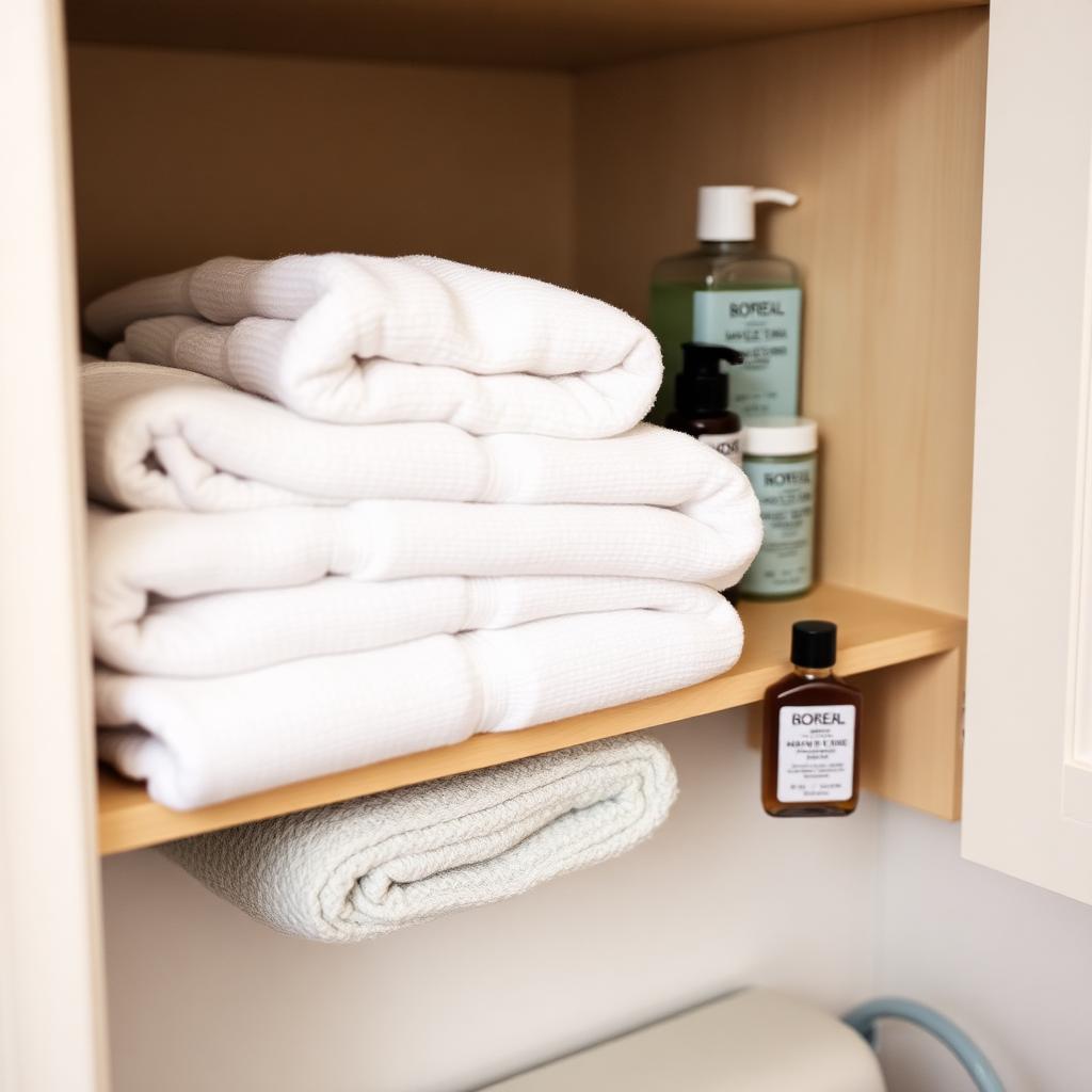 Neatly organized bathroom shelf with adult care supplies and folded towels in a Newfoundland home.