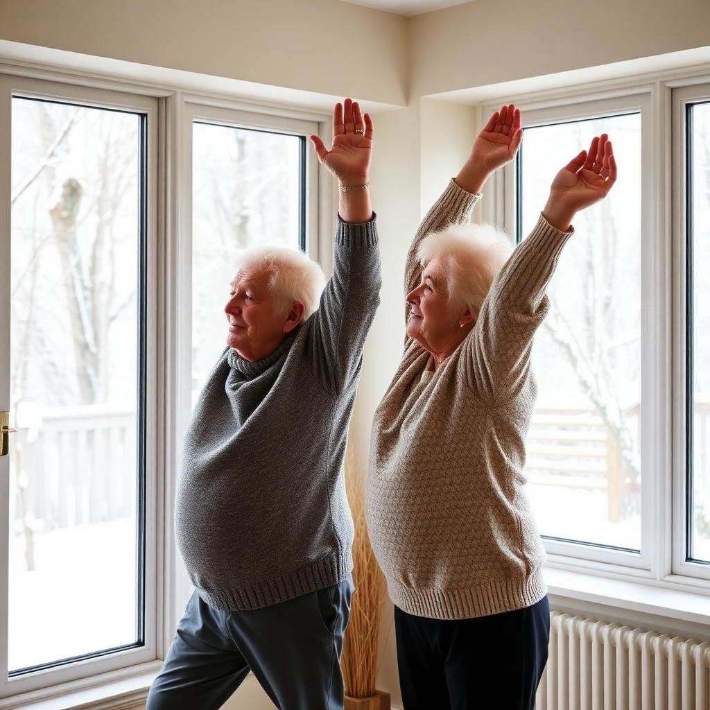 Elderly Newfoundland couple doing gentle indoor stretches by a snowy window.