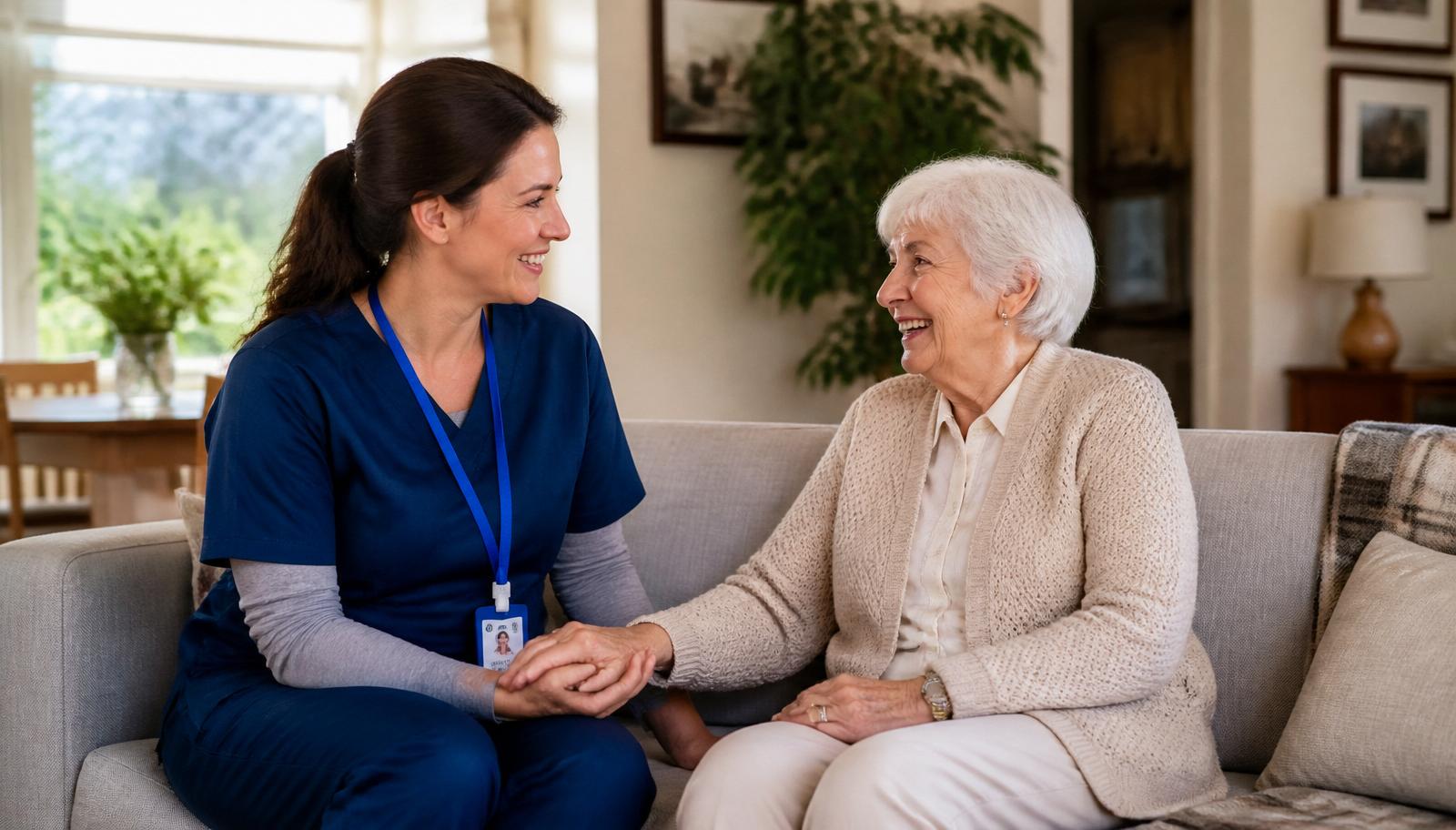 A Z Home Care caregiver smiling with an elderly client in a bright living room in Newfoundland.