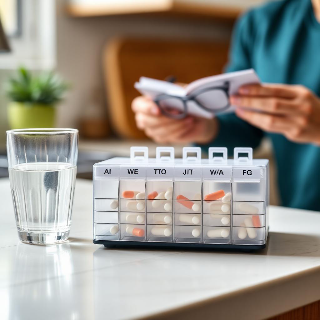 Weekly pill organizer on a kitchen counter with a glass of water and reading glasses in a Newfoundland home.