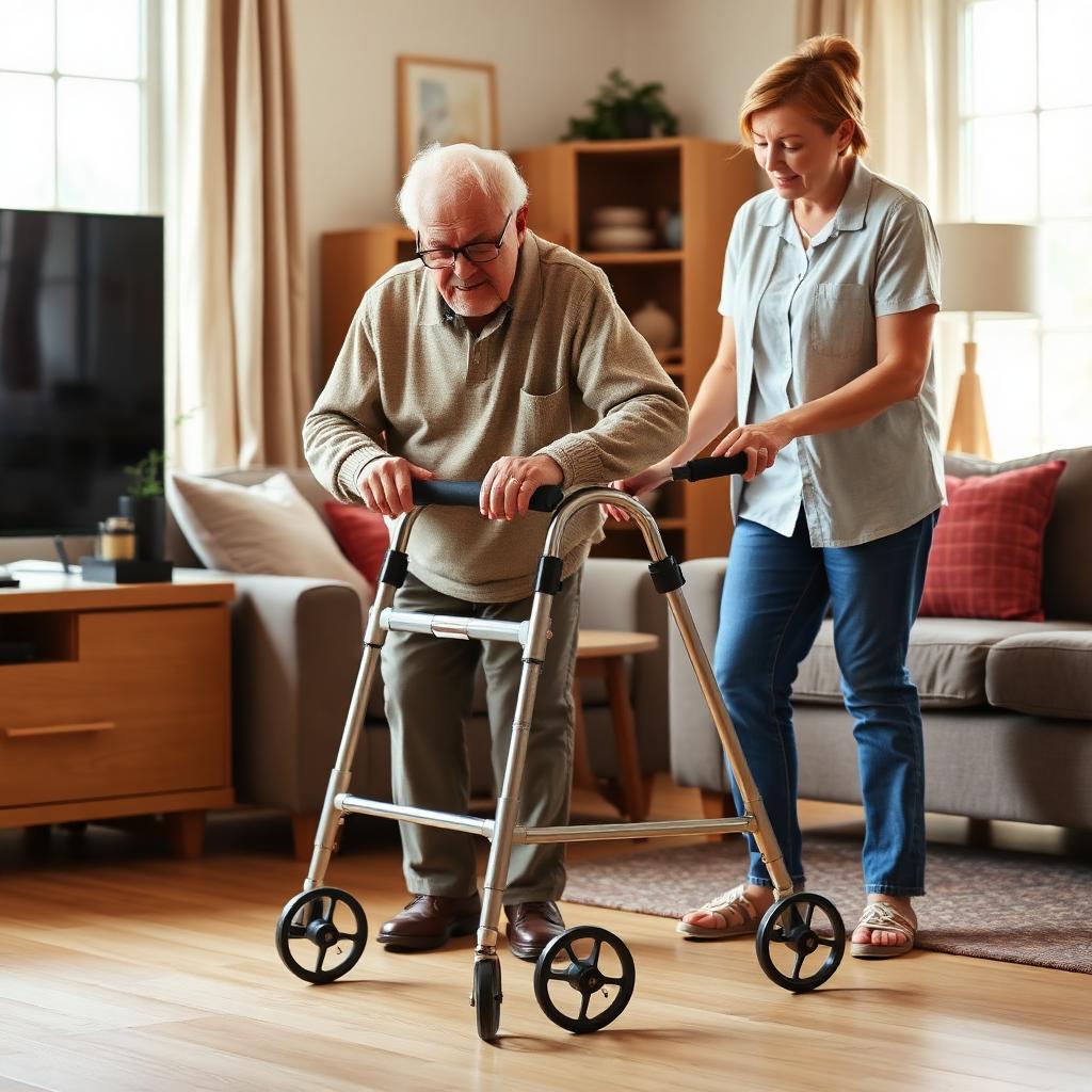 Elderly man using a walker with a caregiver assisting in a Newfoundland living room.