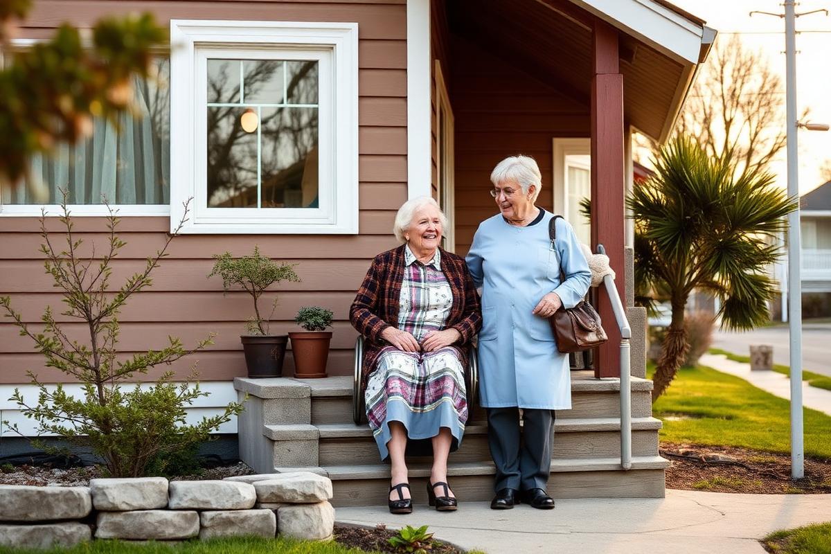 An older woman and a home care worker on the front step of a suburban bungalow in Mount Pearl.