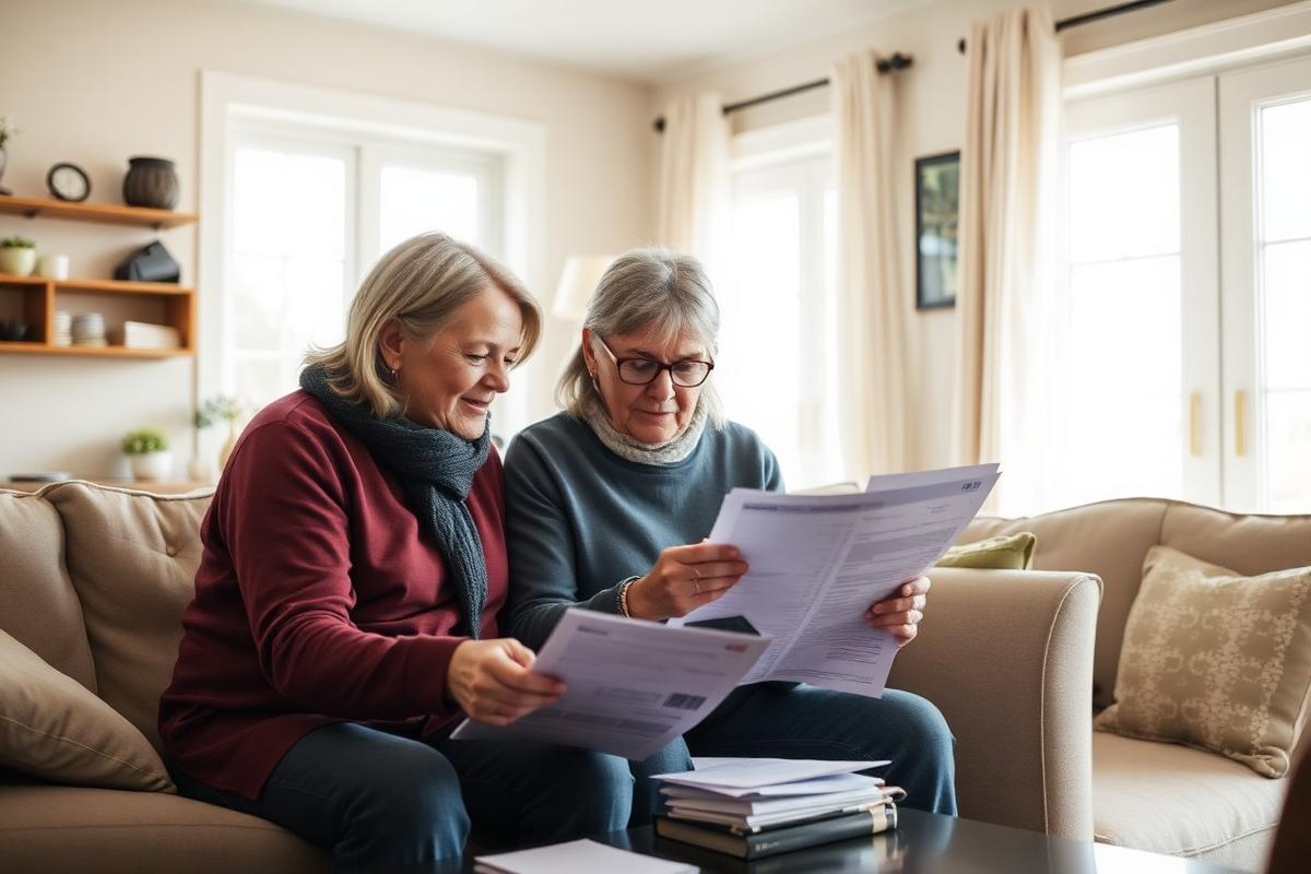 An adult daughter and her elderly mother reviewing home-support paperwork together in a bright Newfoundland living room.