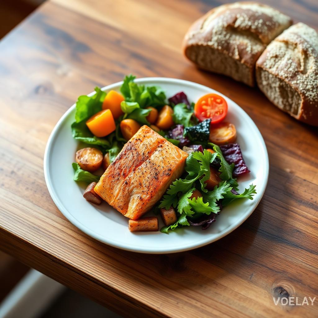 Colourful senior lunch plate with grilled salmon, roasted vegetables, salad, and whole grain bread.