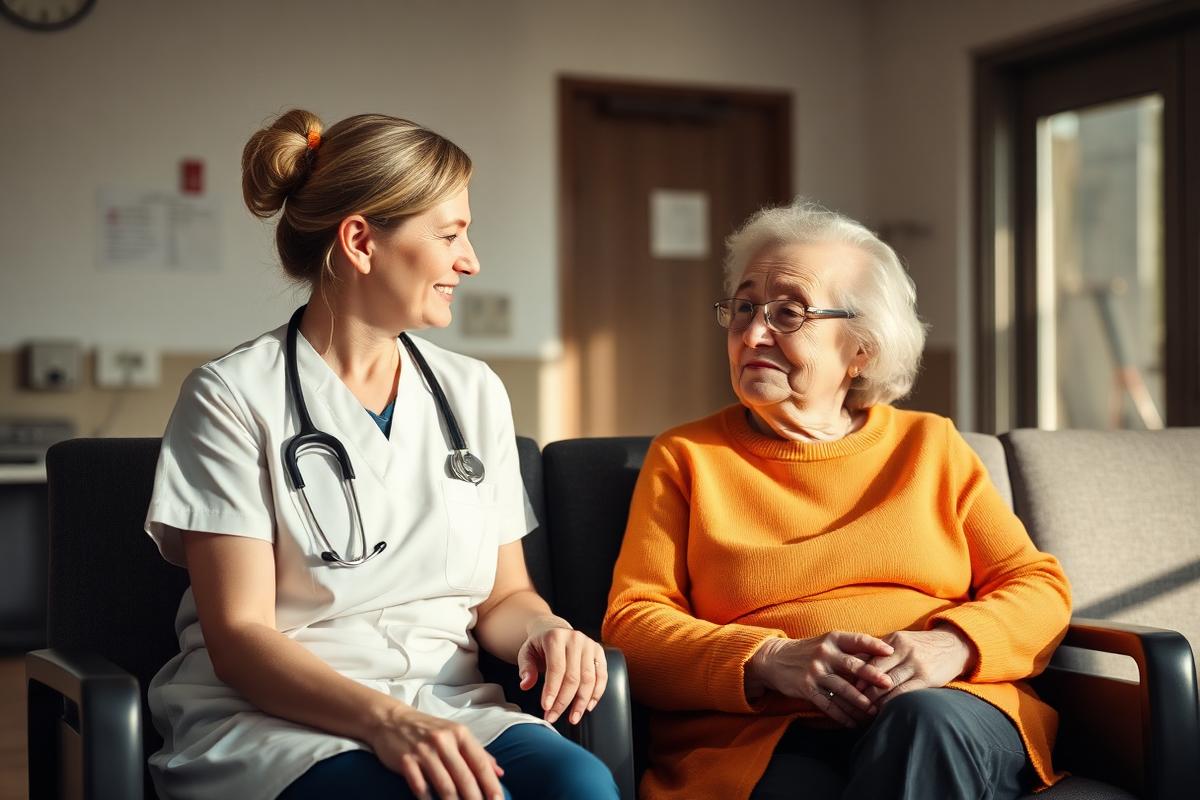 A caregiver sitting and chatting with an older woman in a clinic waiting room.