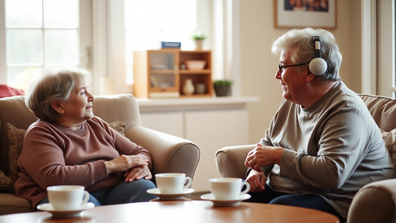 A caregiver sitting and talking with an older woman in a bright St. John's living room during a single afternoon visit.
