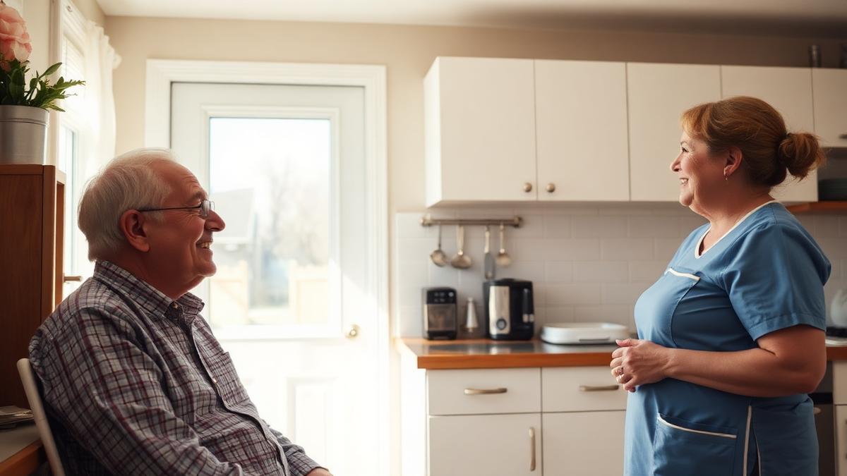 An older man talking with a home care worker in the bright kitchen of a Paradise, Newfoundland home.