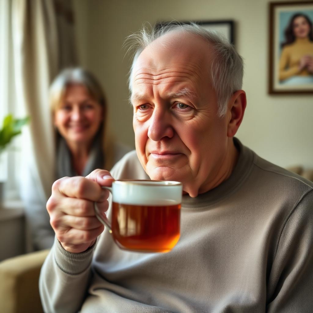 Elderly man holding a mug of tea steadied by both hands in a warm home setting.