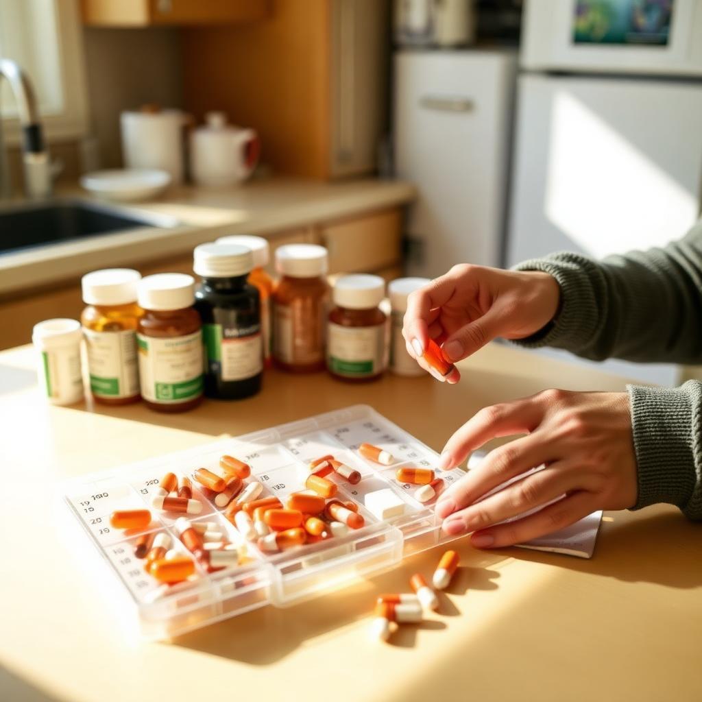 Weekly pill organizer on a kitchen table with multiple medication bottles.