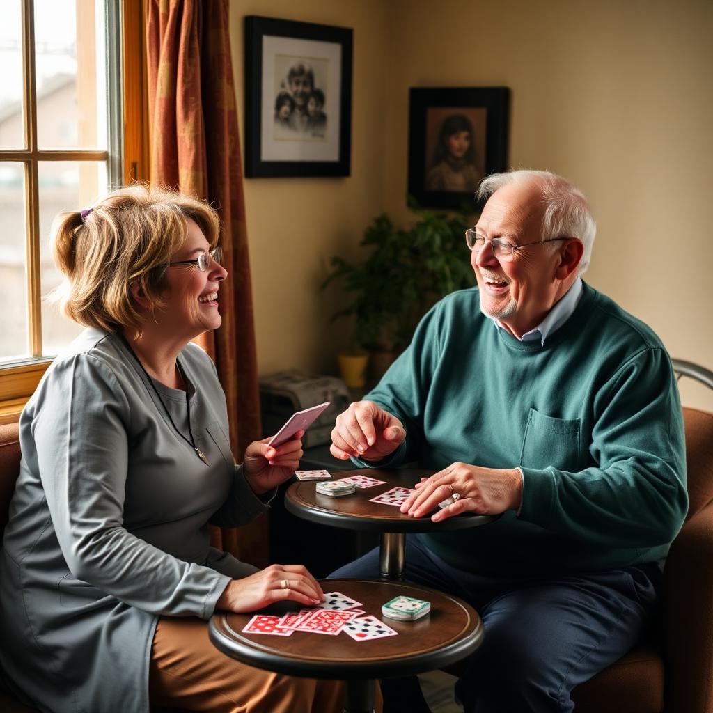 Friendly caregiver and elderly man laughing together over a card game in a warm Newfoundland living room.