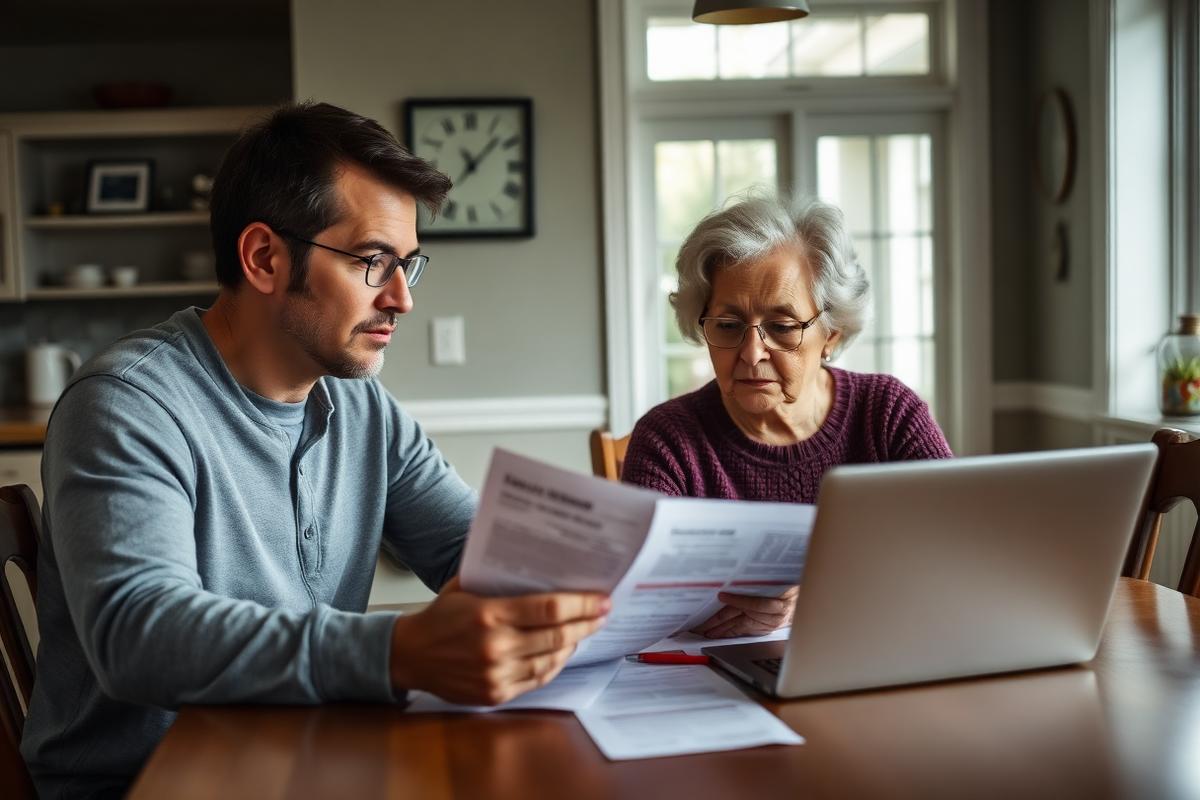 An adult son and his elderly mother comparing home care options at a dining table with paperwork and a laptop.