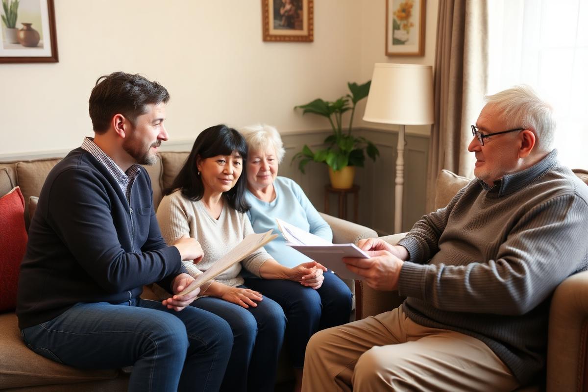 A family speaking with a home care coordinator in their living room while an older man listens.