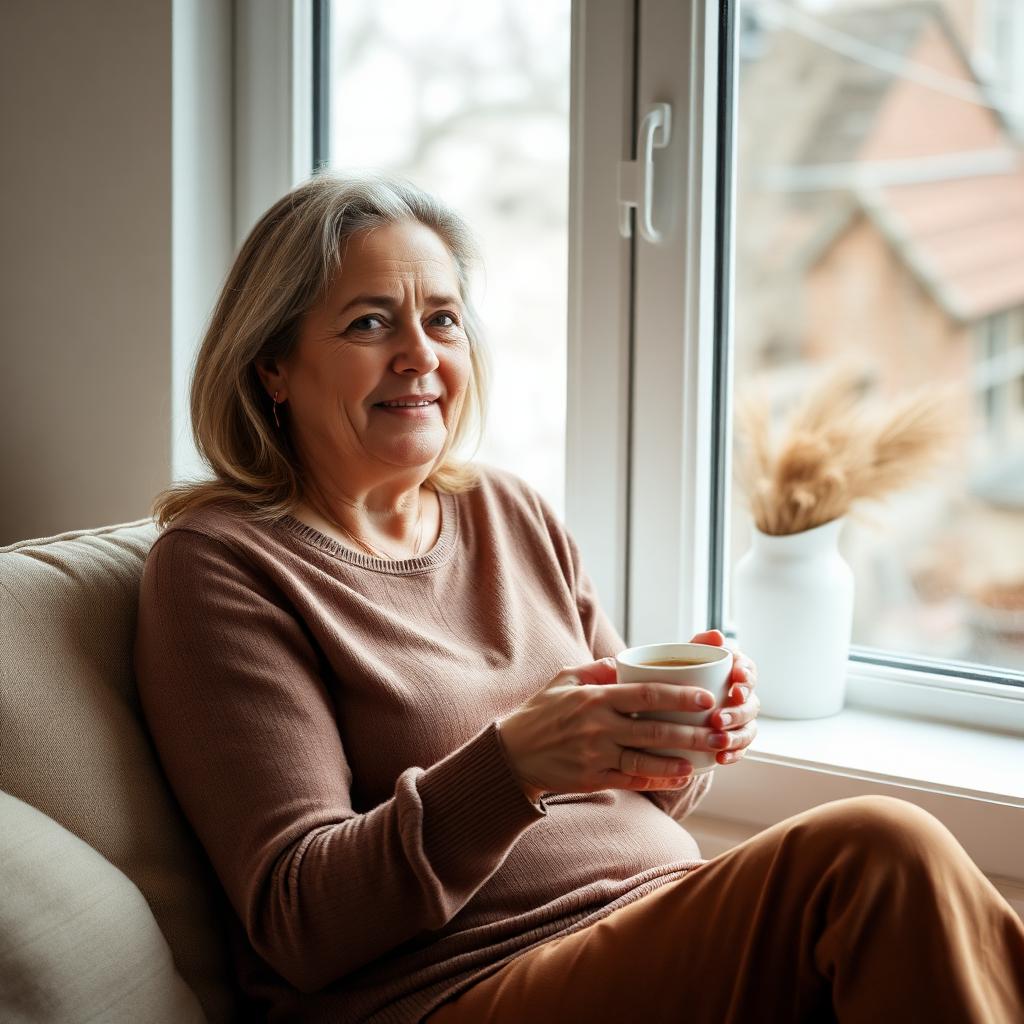 Adult daughter caregiver resting quietly with a cup of tea by a bright window in a Canadian home.
