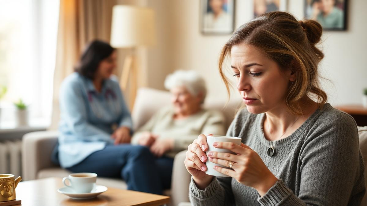 A family caregiver taking a quiet coffee break while a professional caregiver sits with her elderly mother.