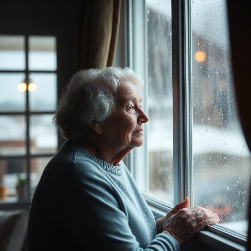 Elderly woman looking thoughtfully out a rainy window in a Newfoundland home.